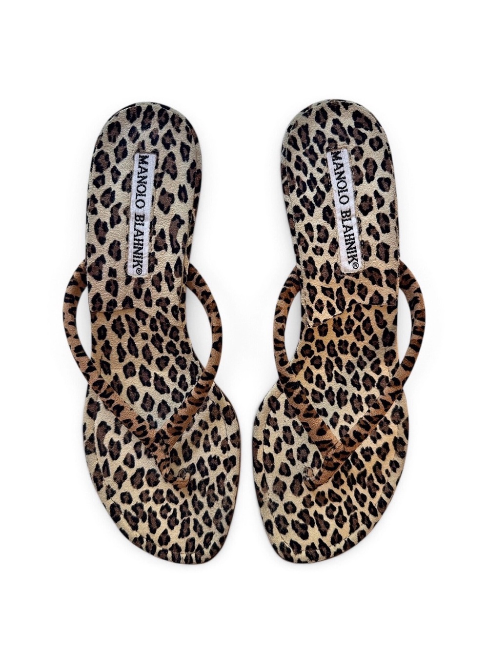 Manolo Blahnik EU 35 Paterno Brown Suede Leopard Thong Kitten Heel Mules Sandals